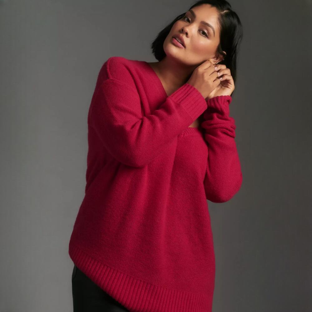 By Anthropologie Cashmere V-Neck Sweater in Wine/Bordeaux Size XS